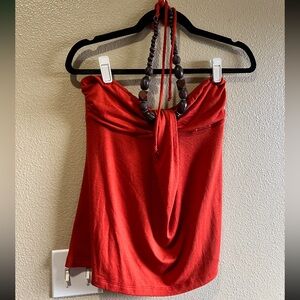 Y2k top Red Strapless Draped Halter Top Hot Tempered wood bead details